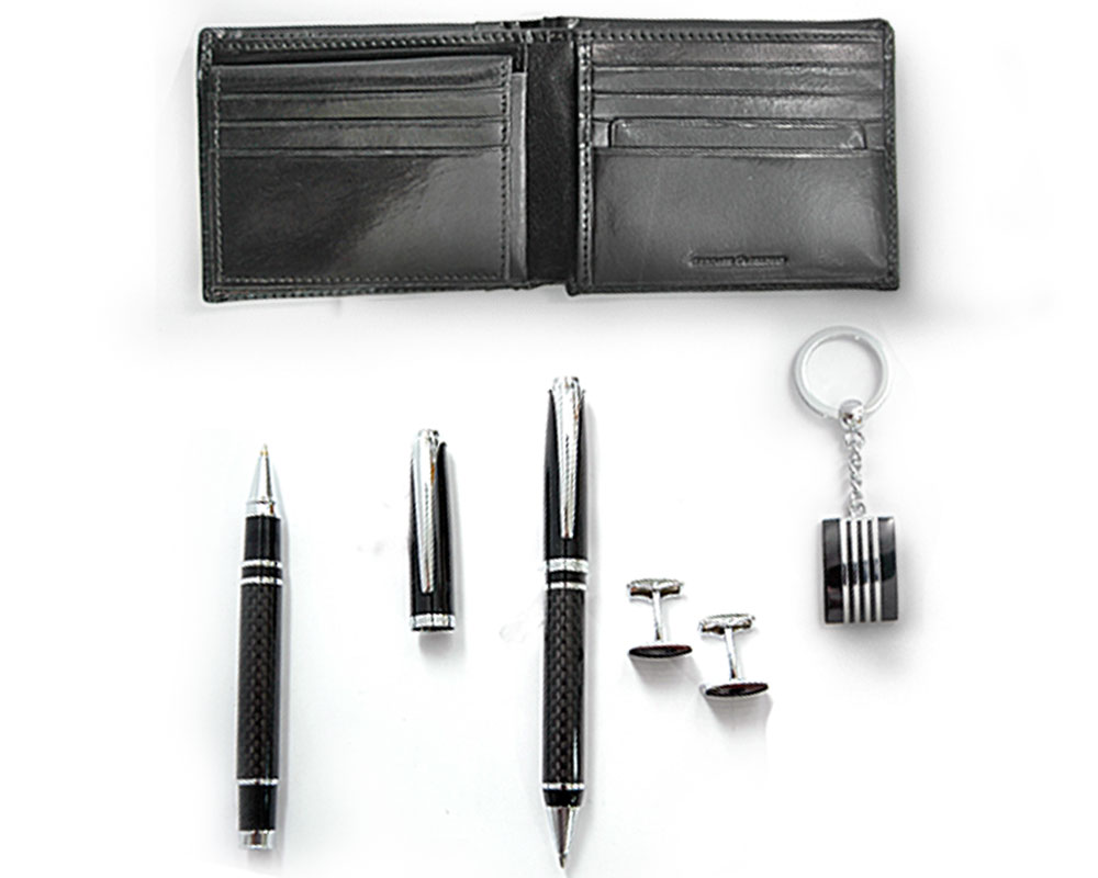 Gift Set with Leather Wallet, Metal Pen, Keychain & Cufflinks