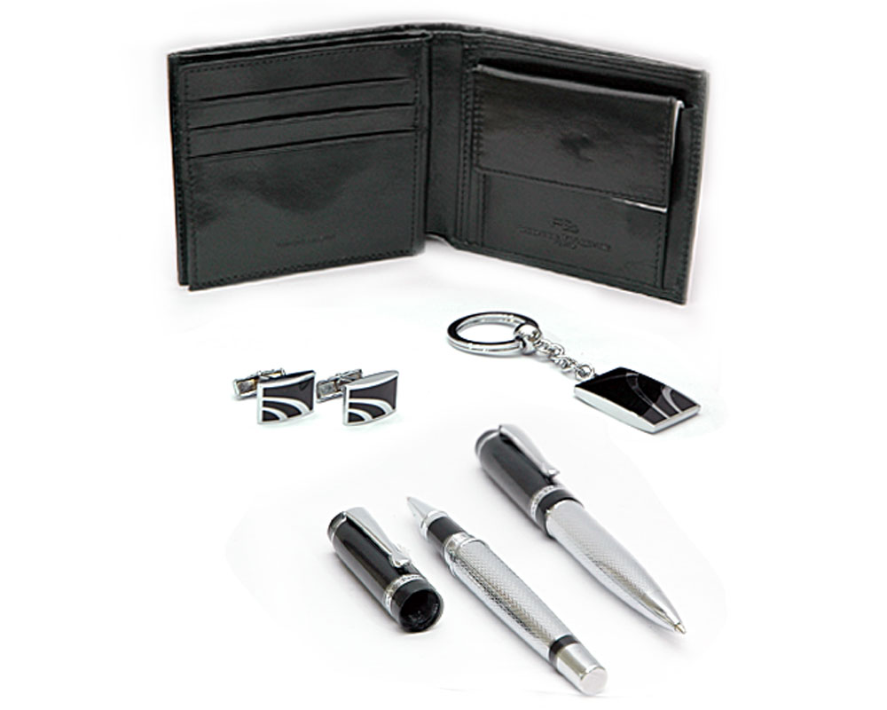 Gift Set with Leather Wallet, Metal Pen, Key ring & Cufflinks